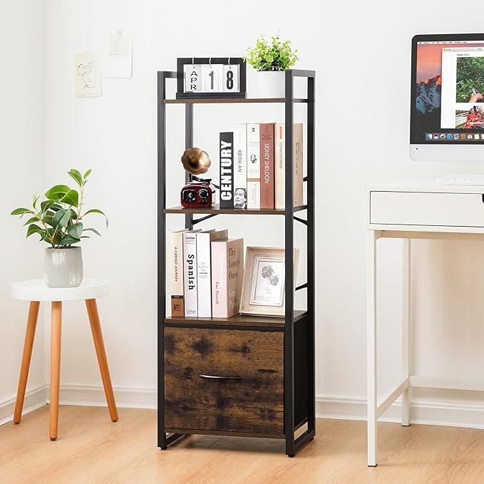 Yoobure Bookshelf, 4 Tier Book Shelf with Drawer, Small Bookcase Narrow Book Case, Industrial Bookshelves Shelf for Bedroom Living Room Office, Book Storage Organizer for CD/Movie Rustic Brown - LeafyLoom