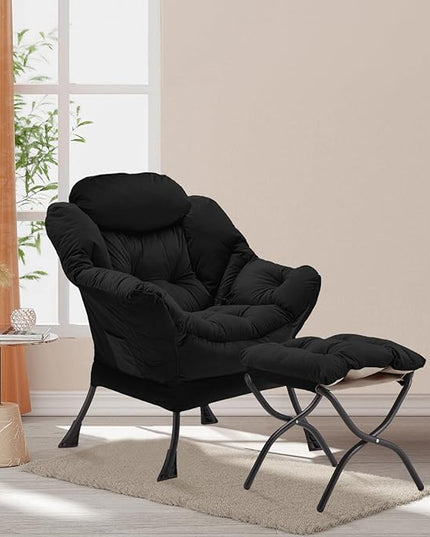 Lazy Chair with Folding Ottoman, Accent Chair Velvet Upholstered with Metal Structure and Non-Slip Pads, Sofa Armchair with Footrest and Side Storage Bag for Dorm, Room, Office, Black - LeafyLoom