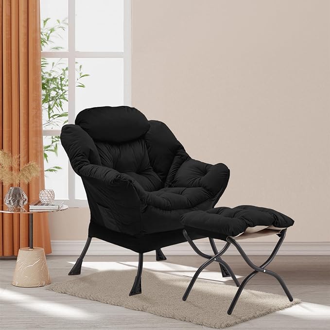 Lazy Chair with Folding Ottoman, Accent Chair Velvet Upholstered with Metal Structure and Non-Slip Pads, Sofa Armchair with Footrest and Side Storage Bag for Dorm, Room, Office, Black - LeafyLoom