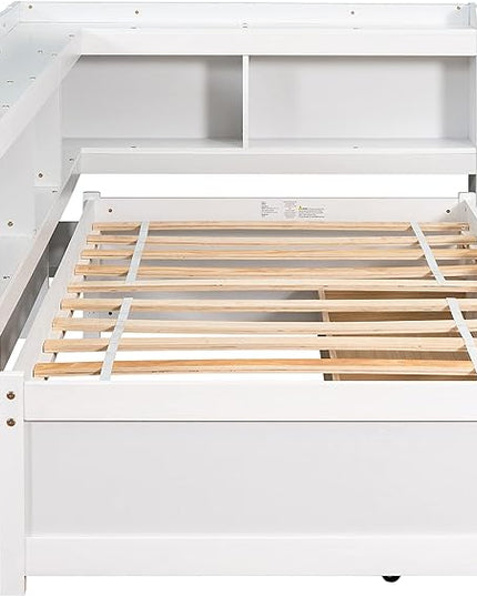 Twin Size Platform 2 Storage Drawers and L-Shaped Bookcases, Wooden Captain Bed Daybed Frame with Headboard for Bedroom, Living Room, White - LeafyLoom