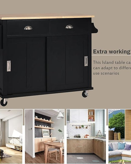 Cart with Rubber Wood Drop-Leaf Countertop and Sliding Barn Door, Rolling Mobile Island on Wheels w/Storage and Towel Rack for Dining Room Kitchen, Black, 52.2 Inch - LeafyLoom