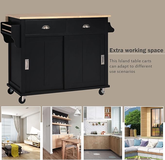 Cart with Rubber Wood Drop-Leaf Countertop and Sliding Barn Door, Rolling Mobile Island on Wheels w/Storage and Towel Rack for Dining Room Kitchen, Black, 52.2 Inch - LeafyLoom