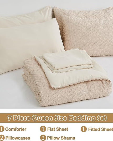 Queen Size Kids Comforter Set for Girls 7 Piece Beige Boho Tufted Kids Bedding Set for Boys Bed in A Bag Quilt Set with 1 Comforter,1 Flat Sheet, 1 Fitted Sheet, 2 Pillowcase and 2 Pillow Sham - LeafyLoom