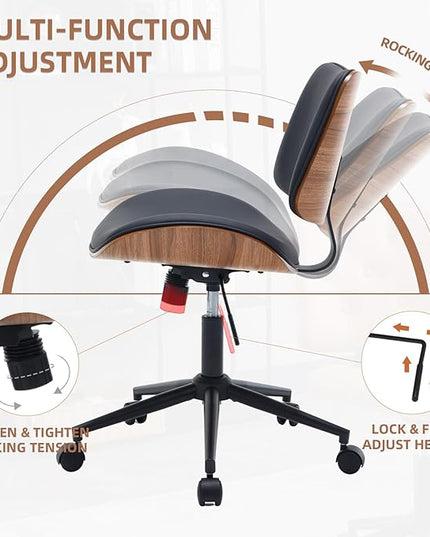 Armless Home Office Chair Modern Walnut Chair with Wheels Mid Back Swivel Computer Chair No arm Adjustable Height Leather Desk Chair for Reading,Meeting Room (Pure Black) - LeafyLoom