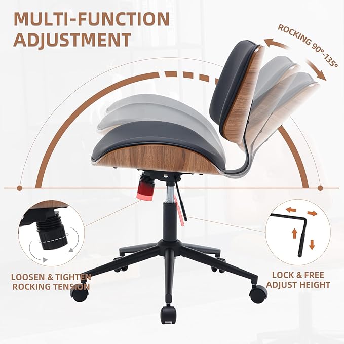 Armless Home Office Chair Modern Walnut Chair with Wheels Mid Back Swivel Computer Chair No arm Adjustable Height Leather Desk Chair for Reading,Meeting Room (Pure Black) - LeafyLoom