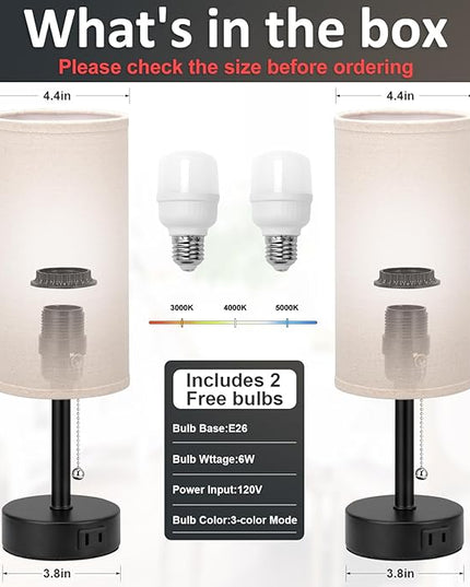 Bedside Table Lamps Set of 2 - 3 Color Temperatures Pull Chain Lamp with AC Outlet Charging Port, Two Round Night Stand Lamps for Bedroom Guest Room Office, Small Bed Side Light with E26 LED Bulbs - LeafyLoom
