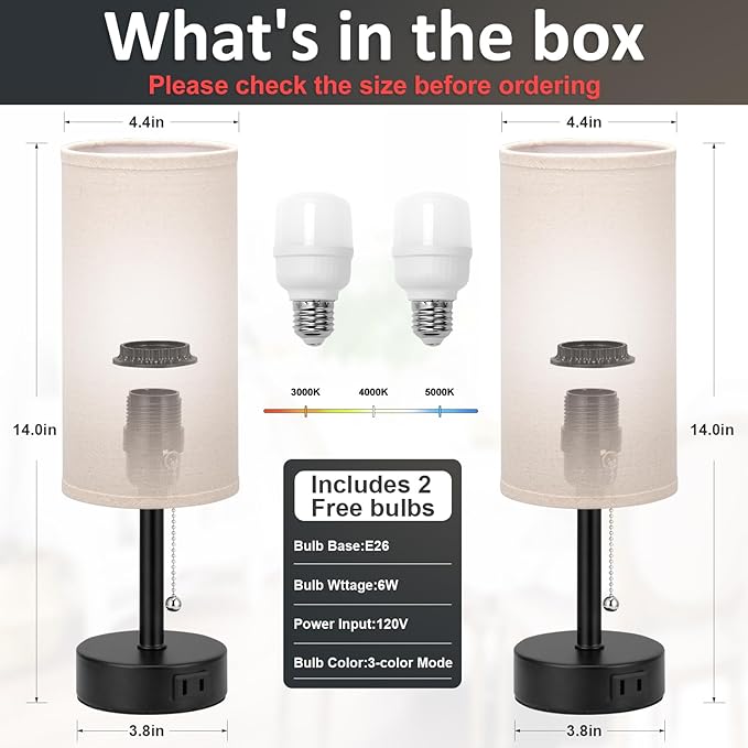 Bedside Table Lamps Set of 2 - 3 Color Temperatures Pull Chain Lamp with AC Outlet Charging Port, Two Round Night Stand Lamps for Bedroom Guest Room Office, Small Bed Side Light with E26 LED Bulbs - LeafyLoom
