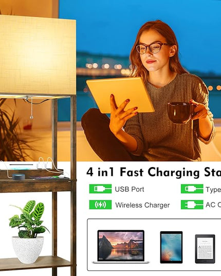 RUNTOP Floor Lamp with Shelves, Plus Shelf Lamp with Wireless Charger, 2 USB Port and Outlet, 1 Drawer, 15W LED Bulb, 3 Colors, Memory Function, Floor Lamps for Living Room, Standing Lamp for Bedroom - LeafyLoom
