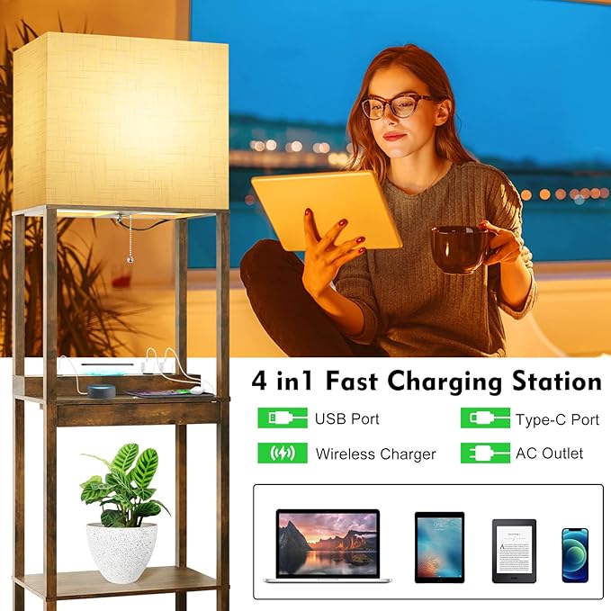 RUNTOP Floor Lamp with Shelves, Plus Shelf Lamp with Wireless Charger, 2 USB Port and Outlet, 1 Drawer, 15W LED Bulb, 3 Colors, Memory Function, Floor Lamps for Living Room, Standing Lamp for Bedroom - LeafyLoom