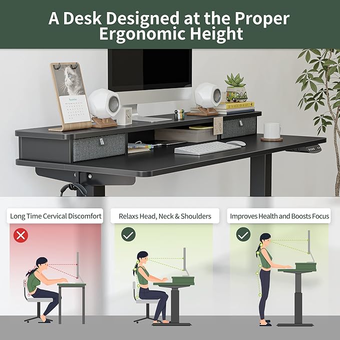 FEZIBO 40 x 24 Inch Height Adjustable Electric Standing Desk with Double Drawer, Stand Up Desk with Storage Shelf, Sit Stand Desk, Black - LeafyLoom