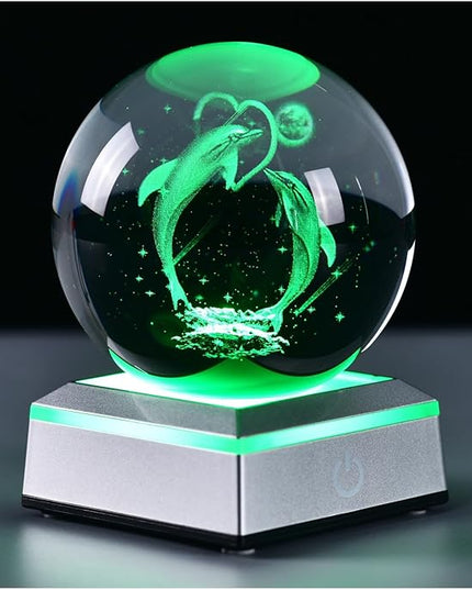 3D Crystal Ball Dolphin Model, with Led Lamp Stand, 3.15'' Dolphin Glass Ball Decor, Engraved Crystal Sphere with Gift Box, 6 Color Light, Romantic Gifts for Kids Friends Birthday - LeafyLoom