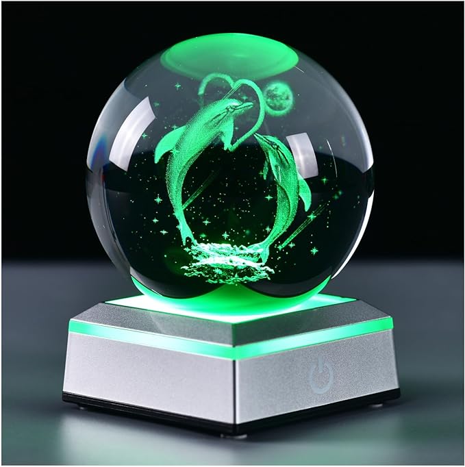 3D Crystal Ball Dolphin Model, with Led Lamp Stand, 3.15'' Dolphin Glass Ball Decor, Engraved Crystal Sphere with Gift Box, 6 Color Light, Romantic Gifts for Kids Friends Birthday - LeafyLoom