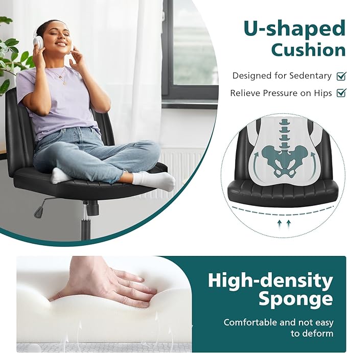 OLIXIS Cross Legged Armless Wide Adjustable Swivel Padded Home Office Desk Chair, Black - LeafyLoom