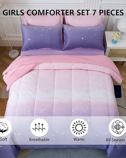 Girls Comforter Set Queen Size 7 Pieces Bed in A Bag Ombre Pink Purple Rainbow Bedding Set Collections for Teen Women (1 Comforter, 1 Flat Sheet, 1 Fitted Sheet, 2 Pillow shams, 2 Pillowcases) - LeafyLoom