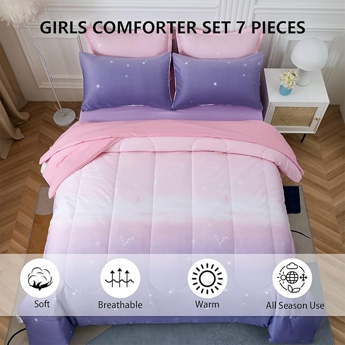 Girls Comforter Set Queen Size 7 Pieces Bed in A Bag Ombre Pink Purple Rainbow Bedding Set Collections for Teen Women (1 Comforter, 1 Flat Sheet, 1 Fitted Sheet, 2 Pillow shams, 2 Pillowcases) - LeafyLoom