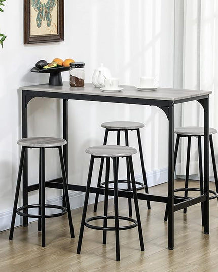 HOMCOM 5-Piece Counter Height Bar Table Set, Rustic 43.25" Dining Table with 4 Bar Stools, Kitchen Table with Wooden Top for Pub, Dining Room, Gray - LeafyLoom