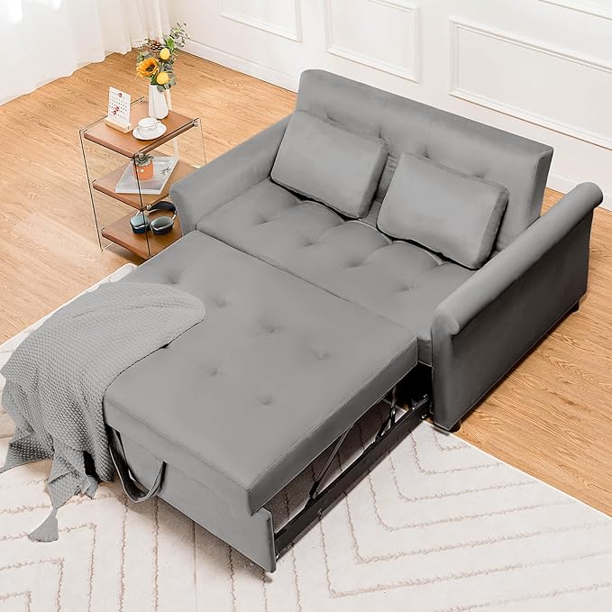 COMHOMA 55" Sleeper Sofa Bed, 3-in-1 Pull Out Couch with Adjustable Backrest and Pillows, Convertible Sleeper Couch for Living Room and Office (Grey) - LeafyLoom