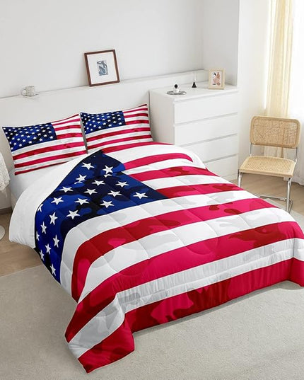 American Flag Bedding Set Camouflage USA Flag Comforter Set Army Camo Flag Comforter Blue Red and White Stars Down Alternative Comforter for All Season Room Decor Full Size - LeafyLoom