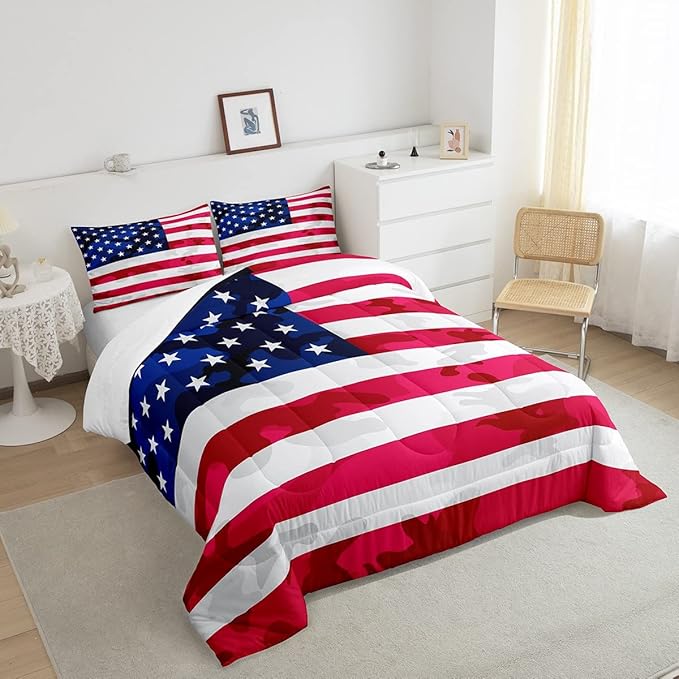American Flag Bedding Set Camouflage USA Flag Comforter Set Army Camo Flag Comforter Blue Red and White Stars Down Alternative Comforter for All Season Room Decor Full Size - LeafyLoom