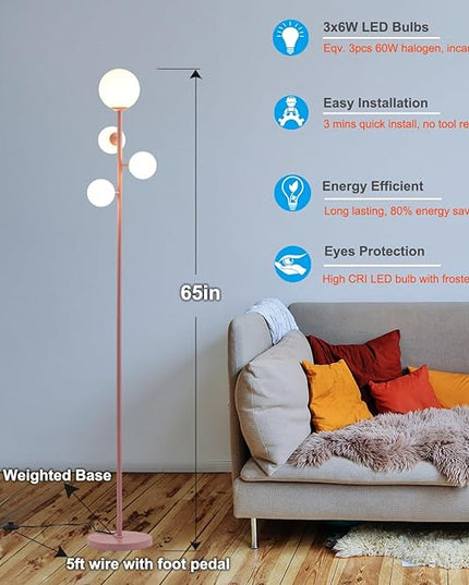 4 Globe Floor Lamp for Living Room, Gold Modern Standing Lamp with Frosted Sphere Glass Shade, 3000K Warm Light LED Bulbs Included, Tall Tree Lamp for Bedroom, Home & Office - Pink - LeafyLoom