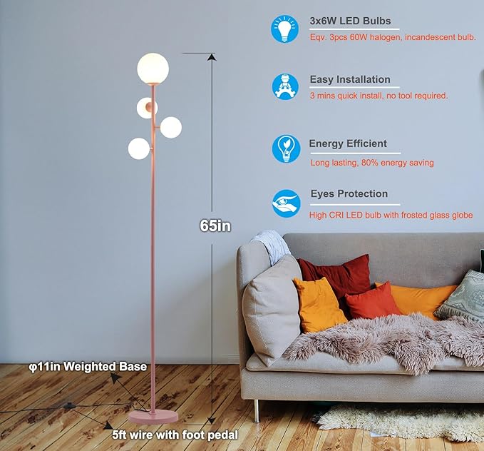 4 Globe Floor Lamp for Living Room, Gold Modern Standing Lamp with Frosted Sphere Glass Shade, 3000K Warm Light LED Bulbs Included, Tall Tree Lamp for Bedroom, Home & Office - Pink - LeafyLoom