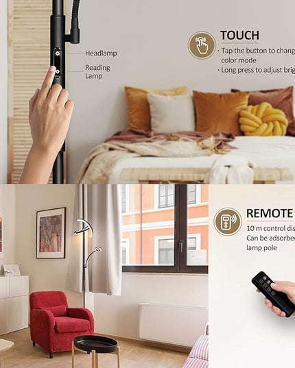 FIMEI Split Floor Lamp with Reading Light, Modern Bright LED Rotatable Standing Lamp with Stepless Dimming and 3000K-6000K Color for Living Room Bedroom Office, Touch and Remote Control, Black - LeafyLoom