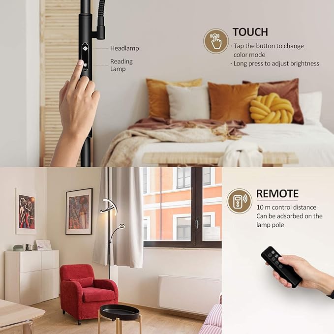 FIMEI Split Floor Lamp with Reading Light, Modern Bright LED Rotatable Standing Lamp with Stepless Dimming and 3000K-6000K Color for Living Room Bedroom Office, Touch and Remote Control, Black - LeafyLoom