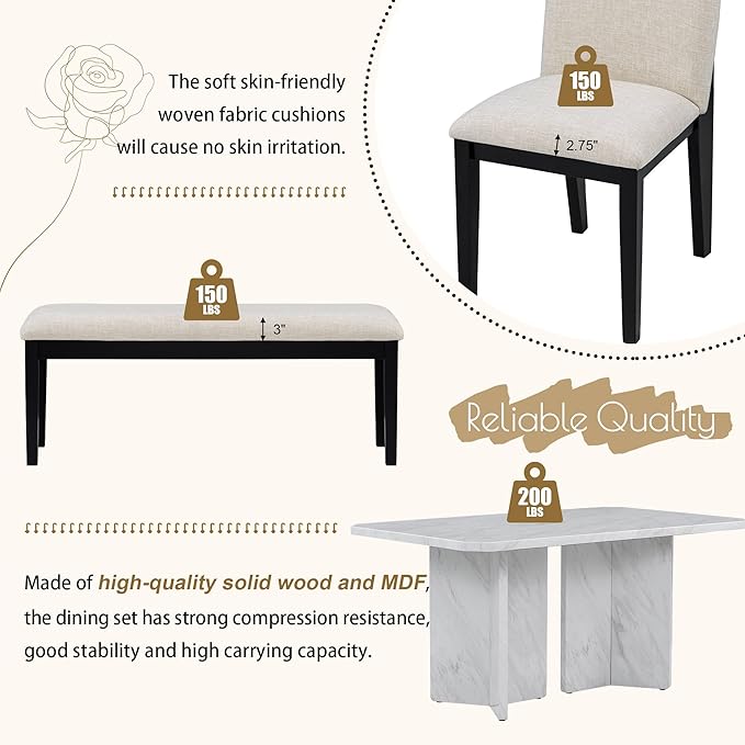 6-Piece Modern Style Dining Faux Marble Table and 4 Upholstered Chairs & 1 Bench, Restaurant Set for Kitchen, Home Bar, Diningroom, Living Room Furniture, Beige+White - LeafyLoom
