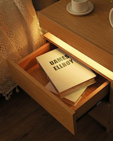 HOMMPA LED Nightstand Wood Bedside Table with Led Lights Modern LED Night Stand with 2 Drawers Smart Nightstand Matte Night Table for Bedroom 20.5" Tall - LeafyLoom