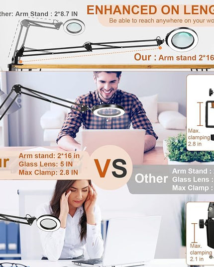 VEEMAGNI 5 Inch Large Magnifying Glass with Light and Stand, 5 Color Modes Stepless Dimmable, 2*16 Inch Swivel Arm LED Clamp Desk Lamp, Hands Free 8X Lighted Magnifier for Close Work Crafts Soldering - LeafyLoom
