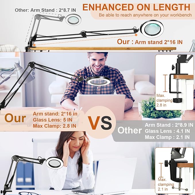 VEEMAGNI 5 Inch Large Magnifying Glass with Light and Stand, 5 Color Modes Stepless Dimmable, 2*16 Inch Swivel Arm LED Clamp Desk Lamp, Hands Free 8X Lighted Magnifier for Close Work Crafts Soldering - LeafyLoom