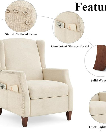 COLAMY Wingback Pushback Recliner Chair with Storage Pocket, Upholstered Fabric Living Room Chair Armchair with Wood Legs and Nailhead Trim, Beige - LeafyLoom
