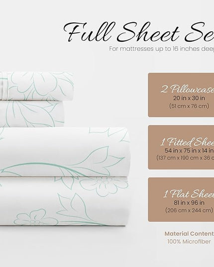 Simply Soft 4 Piece Sheet Set Vines Patterned, Full, Aqua (SS-4PC-VINE-FULL-AQ) - LeafyLoom