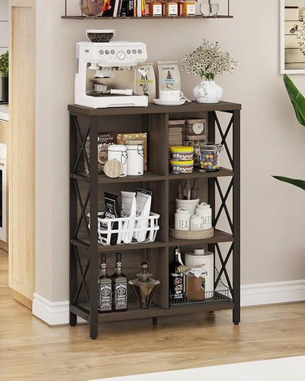 FATORRI 6 Cube Storage Organizer Shelf, Rustic Wood and Metal Cubby Bookcase, Industrial 4 Tier Cube Bookshelf (Walnut Brown) - LeafyLoom