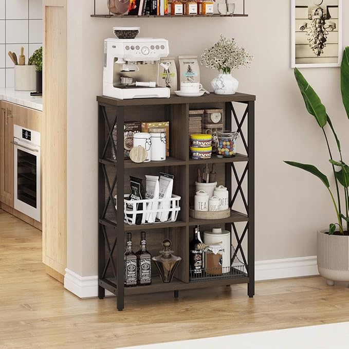 FATORRI 6 Cube Storage Organizer Shelf, Rustic Wood and Metal Cubby Bookcase, Industrial 4 Tier Cube Bookshelf (Walnut Brown) - LeafyLoom
