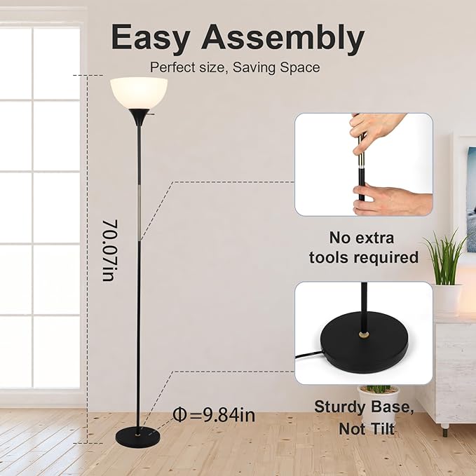 Floor Lamp, Dimmable Standing Lamp, 3 Levels Brightness Led Floor Lamp Rotary Switch Floor Lamps Modern Industrial Lamp with Shade, Tall Lamps for Living Room Bedroom Office Dining Room (Black) - LeafyLoom