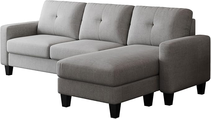 L Shaped Convertible Sectional Sofa, 3 Seater Linen Fabric Corner Couch with Reversible Chaise Movable Ottoman, Button Tufted Sofa&Couches for Small Apartments, Living Rooms and Offices - LeafyLoom