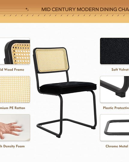 COLAMY Mid Century Modern Dining Chairs Set of 2, Velvet Rattan Dining Room Kitchen Side Chairs with Upholstered Seat and Metal Chrome Legs for Home, Living Room, Bedroom - Black - LeafyLoom