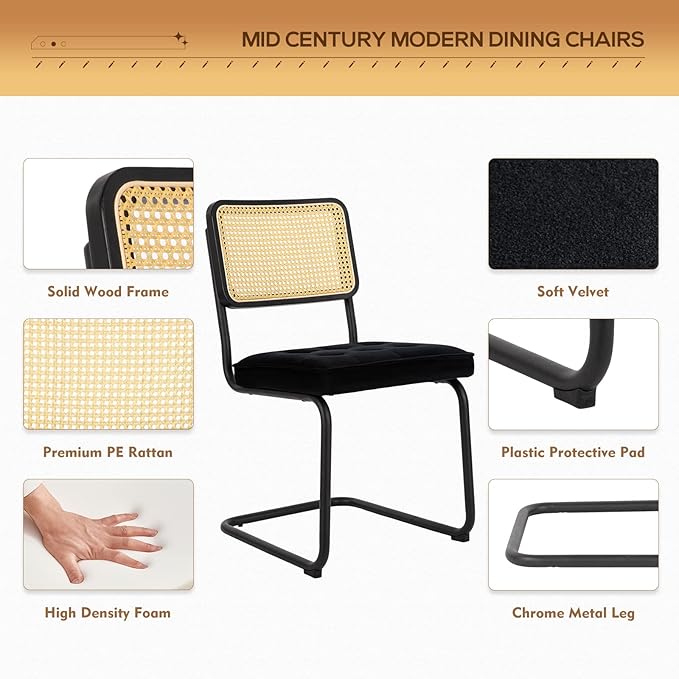 COLAMY Mid Century Modern Dining Chairs Set of 2, Velvet Rattan Dining Room Kitchen Side Chairs with Upholstered Seat and Metal Chrome Legs for Home, Living Room, Bedroom - Black - LeafyLoom
