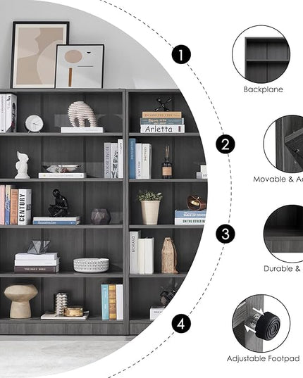 Farini Grey Bookshelf for Bedroom 5 Shelf Office Bookcase 60 Inches Tall Modern Wood Bookshelf for Living Room 5 Tier Wide Manga Bookshelf Library Bookcase - LeafyLoom