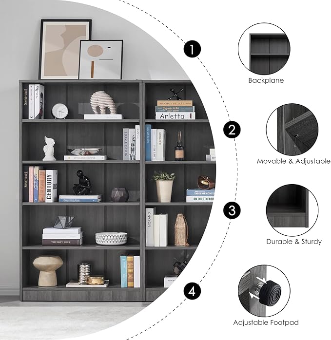 Farini Grey Bookshelf for Bedroom 5 Shelf Office Bookcase 60 Inches Tall Modern Wood Bookshelf for Living Room 5 Tier Wide Manga Bookshelf Library Bookcase - LeafyLoom