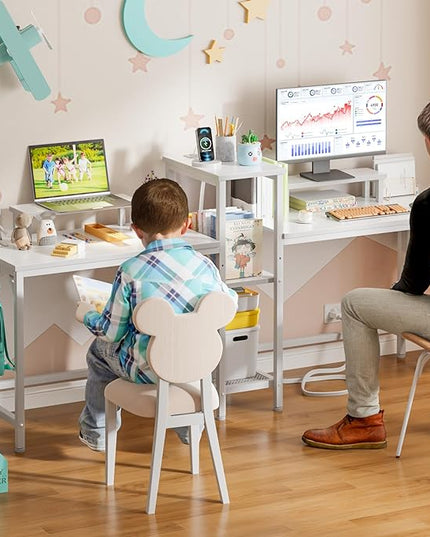 Furologee White 71" Gaming Desk with LED Lights, Long 2 Person Computer Desk with Printer Shelf and Monitor Stand, Double Office Desk with Cloth Bag and Hooks for Home Office (NO Power Outlets) - LeafyLoom