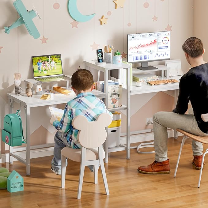 Furologee White 71" Gaming Desk with LED Lights, Long 2 Person Computer Desk with Printer Shelf and Monitor Stand, Double Office Desk with Cloth Bag and Hooks for Home Office (NO Power Outlets) - LeafyLoom