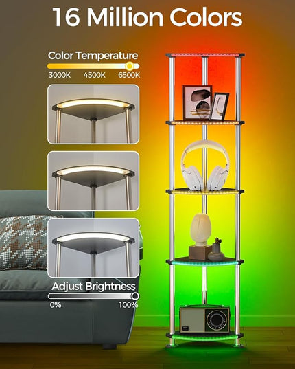 Floor Lamp with Shelves Corner Shelf with Lights Standing Lamp with Charging Stake APP Control Music Sync Multicolor Corner Lamp for Living Room Black 5 Tier - LeafyLoom
