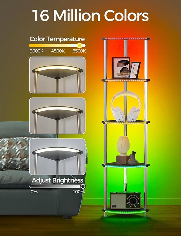 Floor Lamp with Shelves Corner Shelf with Lights Standing Lamp with Charging Stake APP Control Music Sync Multicolor Corner Lamp for Living Room Black 5 Tier - LeafyLoom