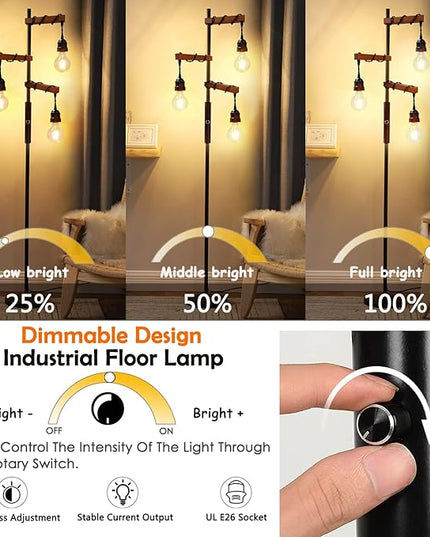 Dimmable Industrial Floor Lamp,Modern Farmhouse Tree Standing Lamp,68 Inch 3-Light Wood Tall Vintage Pole Lamps for Living Room Bedroom Office Rustic Home Decor - LeafyLoom