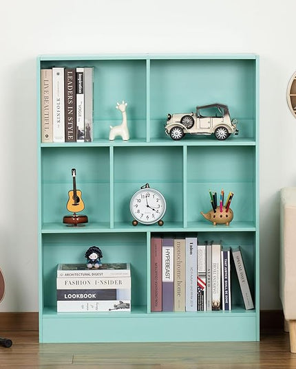 LEYAOYAO 7 Cube Bookshelf with Base,3 Tier Modern Mint-Green Kids Bookcase,Standing Wide Bookshelves Storage Organizer Toy Shelf,Wood Display Children's Book Shelves for Bedroom,Living Room,Nursery - LeafyLoom
