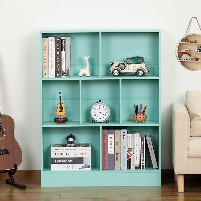 LEYAOYAO 7 Cube Bookshelf with Base,3 Tier Modern Mint-Green Kids Bookcase,Standing Wide Bookshelves Storage Organizer Toy Shelf,Wood Display Children's Book Shelves for Bedroom,Living Room,Nursery - LeafyLoom
