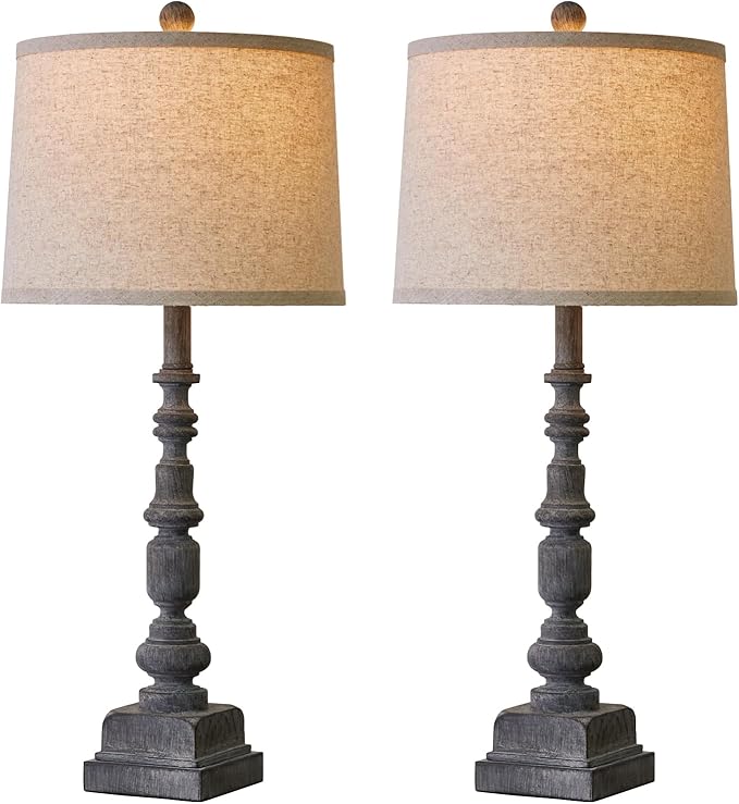 Oneach 27.75" Vintage Farmhouse USB A+C Table Lamps Set of 2 for Living Room Traditional Bedside Lamps for Bedroom Office Mid Century Table Lamp Antique Grey Accent Rustic Lamps for End Table - LeafyLoom