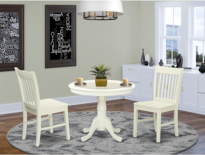 East West Furniture ANNO3-LWH-W 3 Piece Room Furniture Set Contains a Round Dining Table with Pedestal and 2 Wood Seat Chairs, 36x36 Inch - LeafyLoom